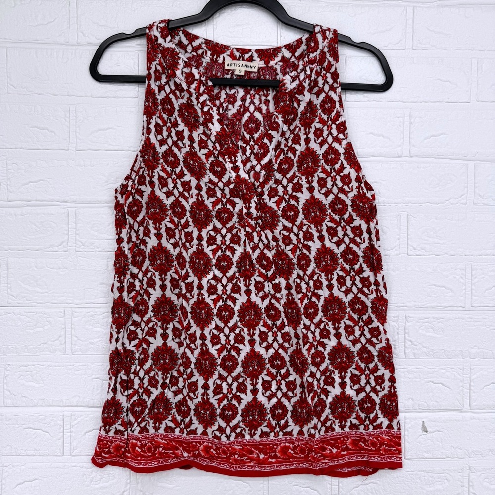 Artisan NY Sleeveless Top Women Small Red Medallion Boho V-Neck Blouse